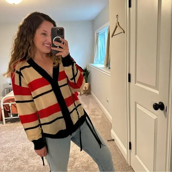 3.1 Phillip Lim Red Black Ribbon Mohair Cardigan Sweater Medium